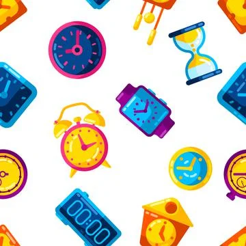 Seamless pattern with different clocks. Stylized icons for design and Stock Illustration