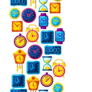 Seamless pattern with different clocks. Stylized icons for design and Stock Illustration