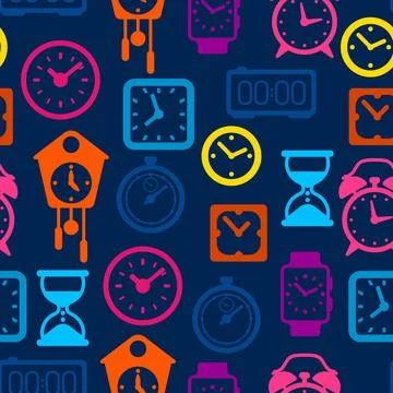 Seamless pattern with different clocks. Stylized icons for design and Stock Illustration