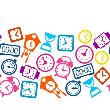 Seamless pattern with different clocks. Stylized icons for design and Illustrazione stock
