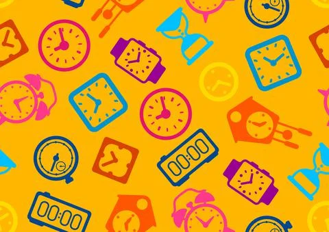 Seamless pattern with different clocks. Stylized icons for design and Stock Illustration