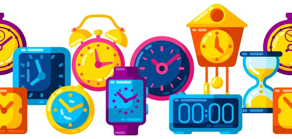 Seamless pattern with different clocks. Stylized icons for design and Stock Illustration