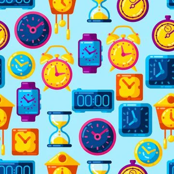Seamless pattern with different clocks. Stylized icons for design and Illustrazione stock
