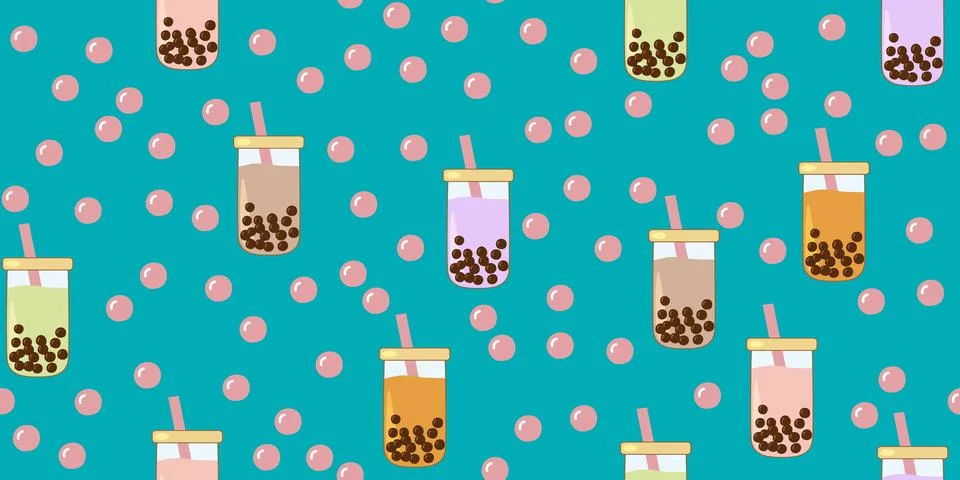 Seamless pattern with different colored boba tea glasses and tapioca pearls blue Stock Illustration
