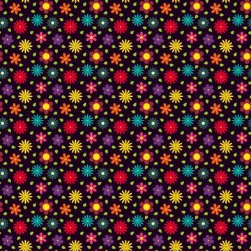 Seamless pattern with different colorful flowers and green leaves on dark bac Stock Illustration