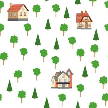 Seamless pattern of different colorful houses. Stock Illustration