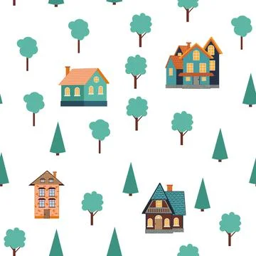 Seamless pattern of different colorful houses. Illustrazione stock