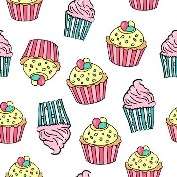 Seamless pattern with different cupcakes on white background. Cupcake backgro Stock Illustration
