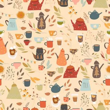 Seamless Pattern with Different Cups, Kettles and Autumn Color Leaves Stock Illustration