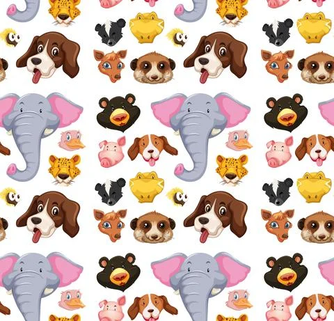 Seamless pattern with different cute animal head on white background Stock Illustration