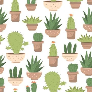 Seamless pattern different cute cactus and succulents in pots on white Stock Illustration