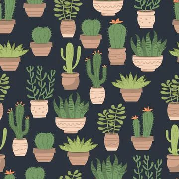 Seamless pattern different cute cactus and succulents in pots on white Stock Illustration