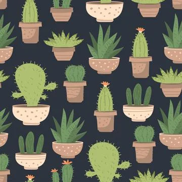 Seamless pattern different cute cactus and succulents in pots on white Stock Illustration
