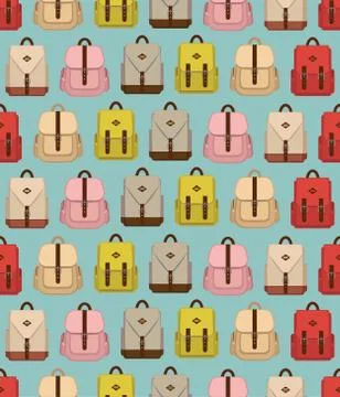Seamless pattern with different cute flat vintage backpack Stock Illustration