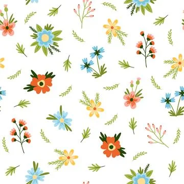 Seamless pattern with different cute flowers. Pastel colors. Isolated on white Stock Illustration