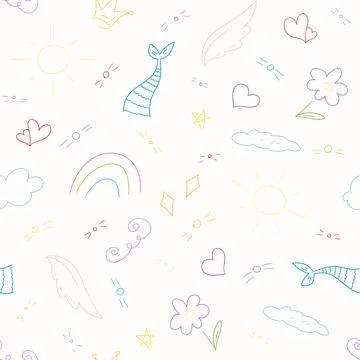 Seamless pattern of different doodle drawings in cute childish style Stock Illustration