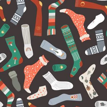 Seamless pattern with different doodle hand drawn socks on dark background... Stock Illustration