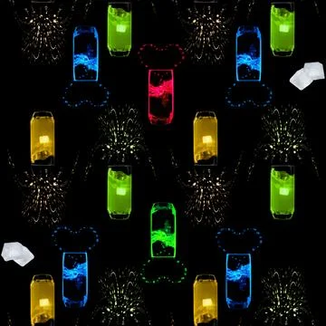 Seamless pattern with different drinks on a black background 스톡 사진