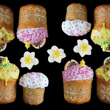 Seamless pattern with different Easter cakes and spring flowers on a black Stock Photos