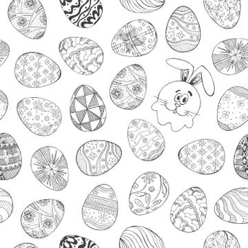 Seamless pattern with different Easter eggs and rabbit 스톡 일러스트