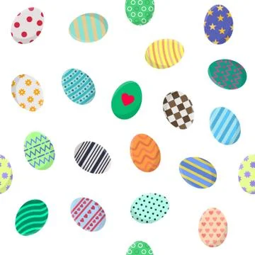 Seamless Pattern with Different Easter Eggs on white. Vector illustration. Stock Illustration