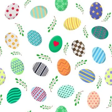 Seamless Pattern with Different Easter Eggs and Green Branches on white. Vector. Illustrazione stock