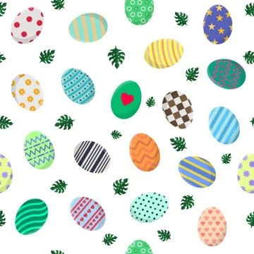 Seamless Pattern with Different Easter Eggs and Green Leaves of Monstera. Vector 스톡 일러스트