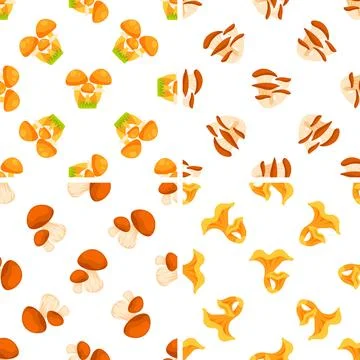 Seamless pattern with different edible mushrooms growing on grass and cut in Illustrazione stock