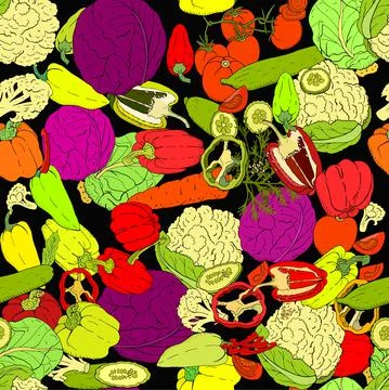 Seamless pattern with different fresh vegetables. Hand drawn endless texture Stock Illustration