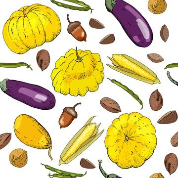 Seamless pattern with different fresh vegetables isolate on white. Stock Illustration