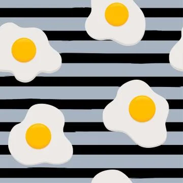 Seamless pattern with of different fried eggs icons  on striped background. Stock Illustration