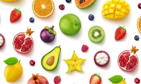 Seamless pattern of different fruits and berries, flat lay, top view Stock Photos