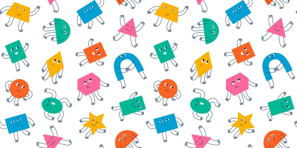 Seamless pattern different funky colorful basic geometric figures Stock Illustration