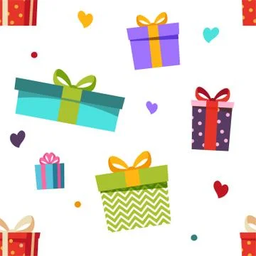 Seamless pattern different gift boxes and hearts. Full color wrapping paper Stock Illustration