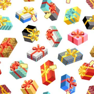 Seamless pattern with different giftboxes colored on white background. Flat Stock Illustration