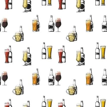 Seamless pattern with different glasses with beer, different mugs of beer. Stock Illustration