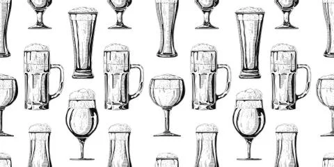 Seamless pattern with different glasses with beer, different mugs of beer. Illustrazione stock