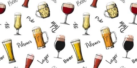 Seamless pattern with different glasses with beer, different mugs of beer. Stock Illustration