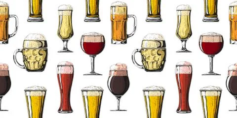 Seamless pattern with different glasses with beer, different mugs of beer. Ve Stock Illustration