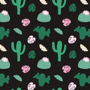 Seamless pattern with different green cacti and leaves Stock Illustration