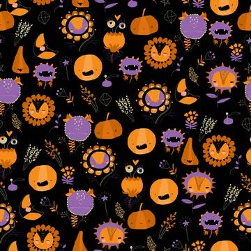 Seamless Pattern with Different Halloween Elements And Characters Stock Illustration
