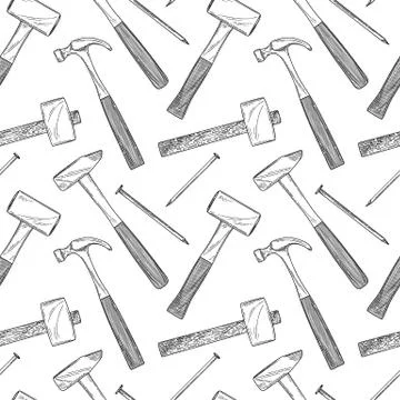 Seamless pattern with different hammers and nails on a white background. Stock Illustration