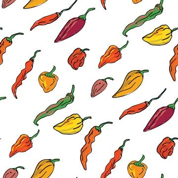 Seamless Pattern of the Different Hot Chili Peppers Drawing Stock Illustration