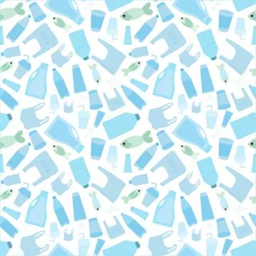Seamless pattern with different kind of plastic garbage, ocean pollution with Stock Illustration