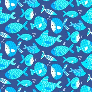 Seamless pattern of different kind sea blue fishes Stock Illustration