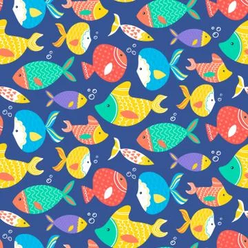 Seamless pattern of different kind sea multicolored fishes Stock Illustration