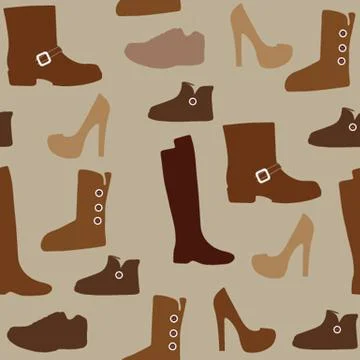 Seamless pattern with different kind of shoes. Boots, heels, shearling boots, 스톡 일러스트