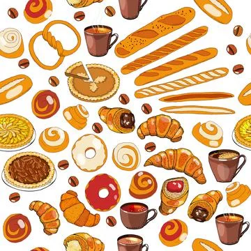 Seamless pattern with different kinds of bakery, a cup of tea and coffee. Vec Stock Illustration