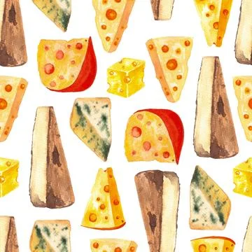 Seamless pattern of different kinds of cheese, hand drawn watercolor isolated Stock-Illustration