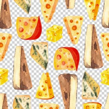Seamless pattern of different kinds of cheese, hand drawn watercolor isolated Stock Illustration